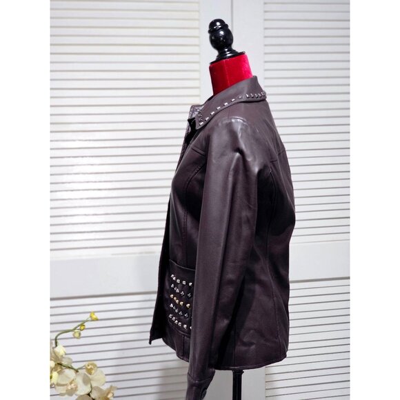 NWOT Dennis Basso Women's Dark Mahogany Faux Leather Studded Jacket Sz XXS 2207 - Picture 4 of 15